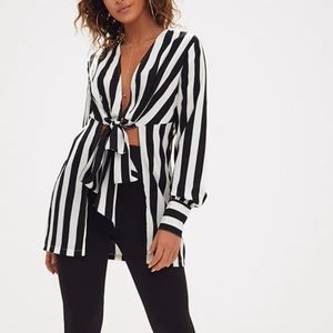 PLT Striped Tie Front Long Blouse